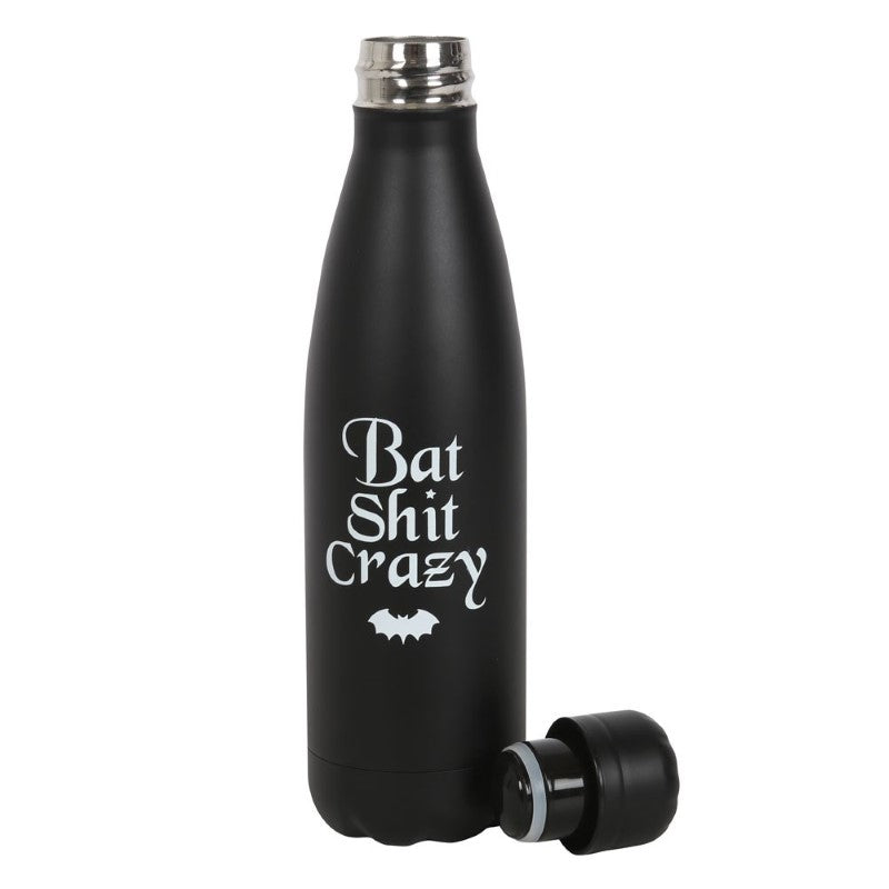 Black metal water bottle with "Bat Shit Crazy" slogan, 500ml capacity, eco-friendly, screw-top lid, gothic style.