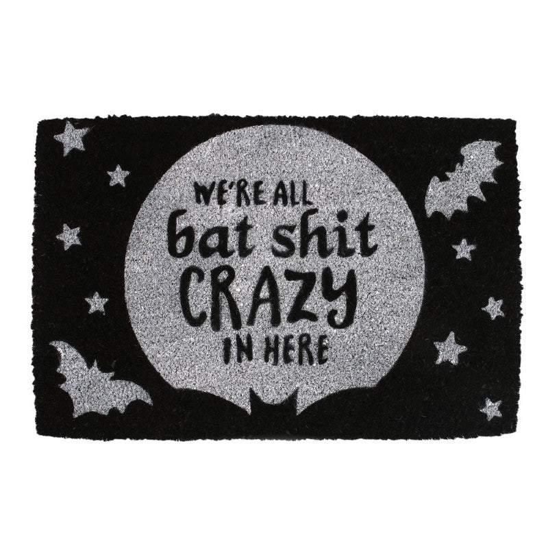 Bat Shit Crazy Doormat featuring a playful phrase and full moon design, perfect for gothic-themed home decor.