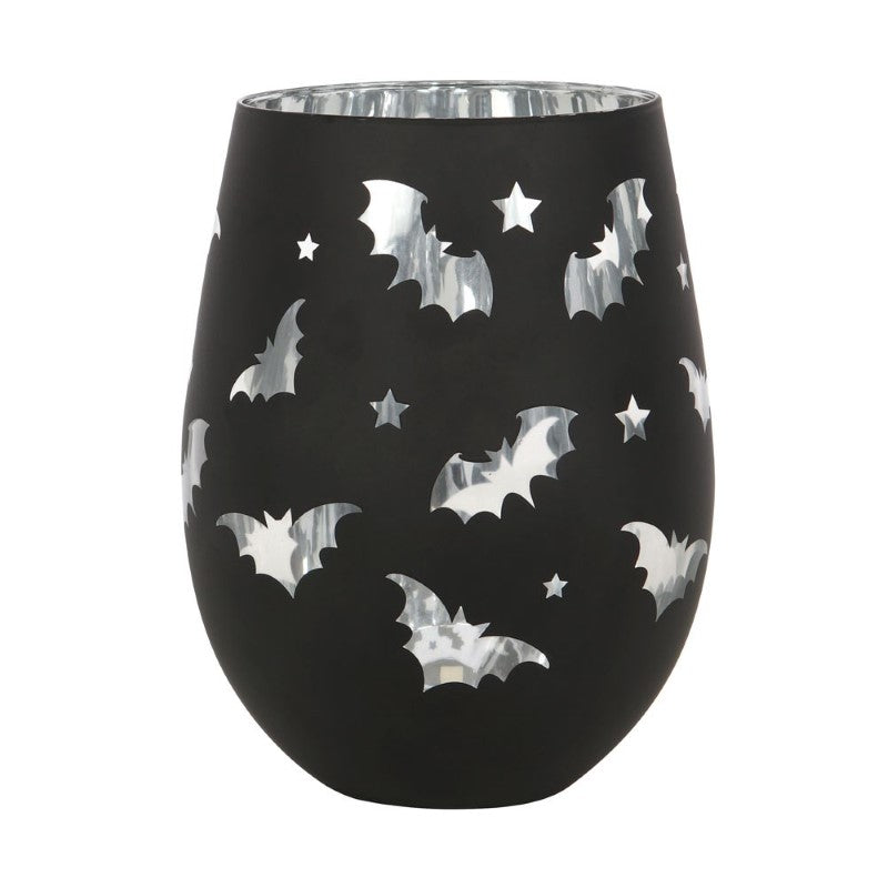 Whimsical Bat Stemless Wine Glass featuring charming bat designs and a stunning silver interior, perfect for gothic decor.