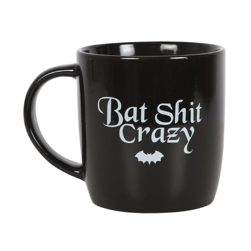 Humorous 'Bat Shit Crazy' mug in New Bone China, 500ml capacity, perfect for coffee lovers and gothic decor enthusiasts.