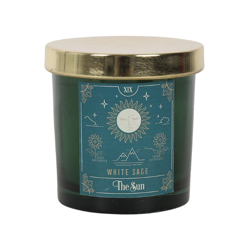 Lidded candle featuring sun tarot design and white sage scent, perfect for meditation with a burn time of 25 hours.