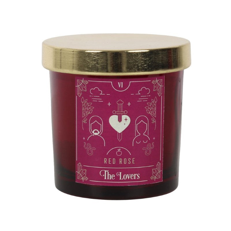 Elegant red rose tarot candle featuring lovers design, blends beauty and mystique with a romantic fragrance, 25-hour burn time.