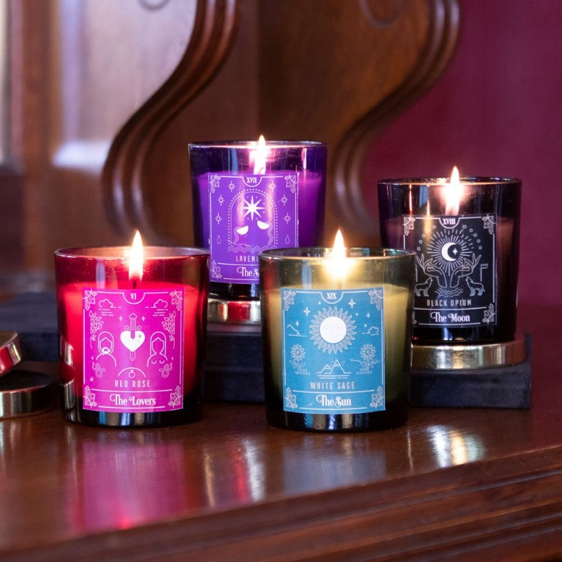 Lovers Red Rose Tarot Candle featuring tarot design, red rose fragrance, 25-hour burn time, ideal for romance and decor.