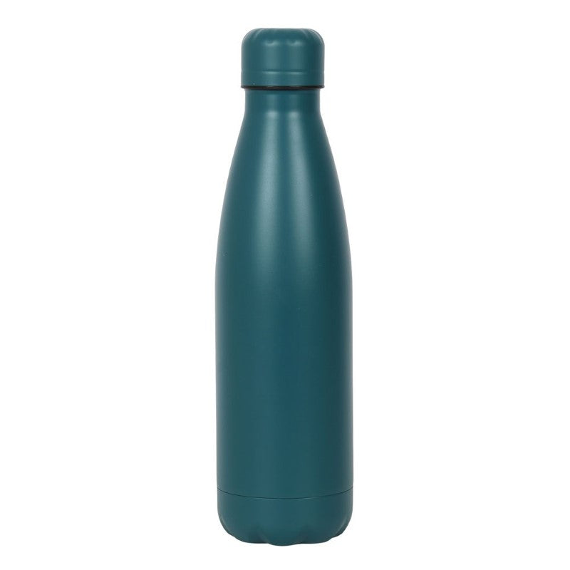 Blue-green metal water bottle with sun tarot illustration, 500ml capacity, eco-friendly, shatter resistant, ideal for hot or cold drinks.