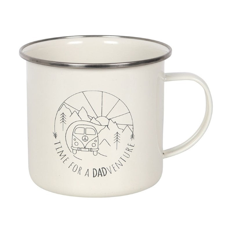 Retro campervan enamel mug with "Time for a DADventure" text, perfect for outdoor dads and camping trips.