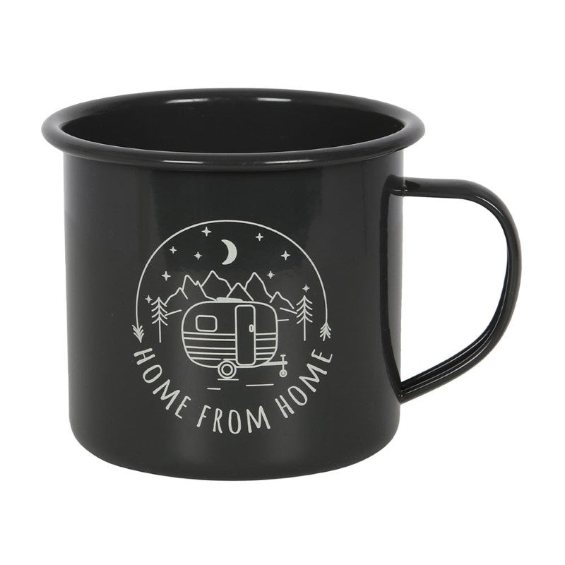 Black enamel camping mug featuring retro caravan design, perfect for outdoor adventures and cozy campfire drinks.