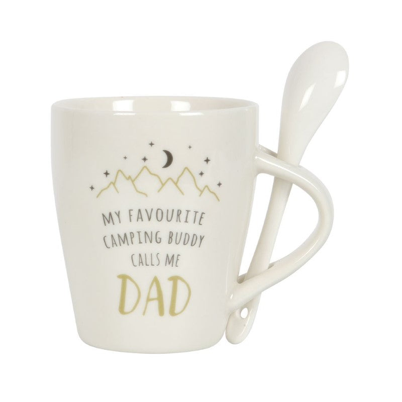 Dad Camping Mug and Spoon set featuring a starry mountain design and heartwarming text, perfect for outdoor adventures.