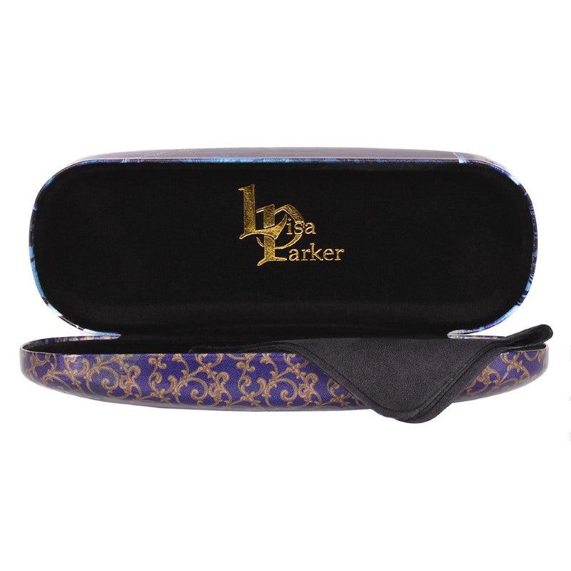 Whimsical glasses case by Lisa Parker featuring 'The Witches Apprentice' design, includes cleaning cloth and metallic logo.