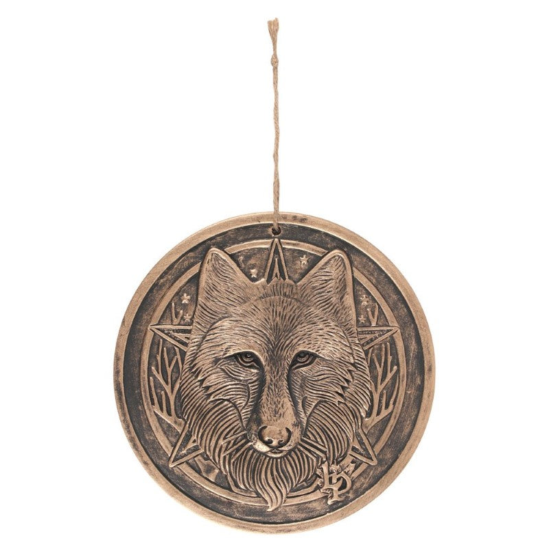 Wild One Bronze Terracotta Plaque featuring a wolf design, perfect for nature-inspired home decor, 20cm with twine loop for hanging.