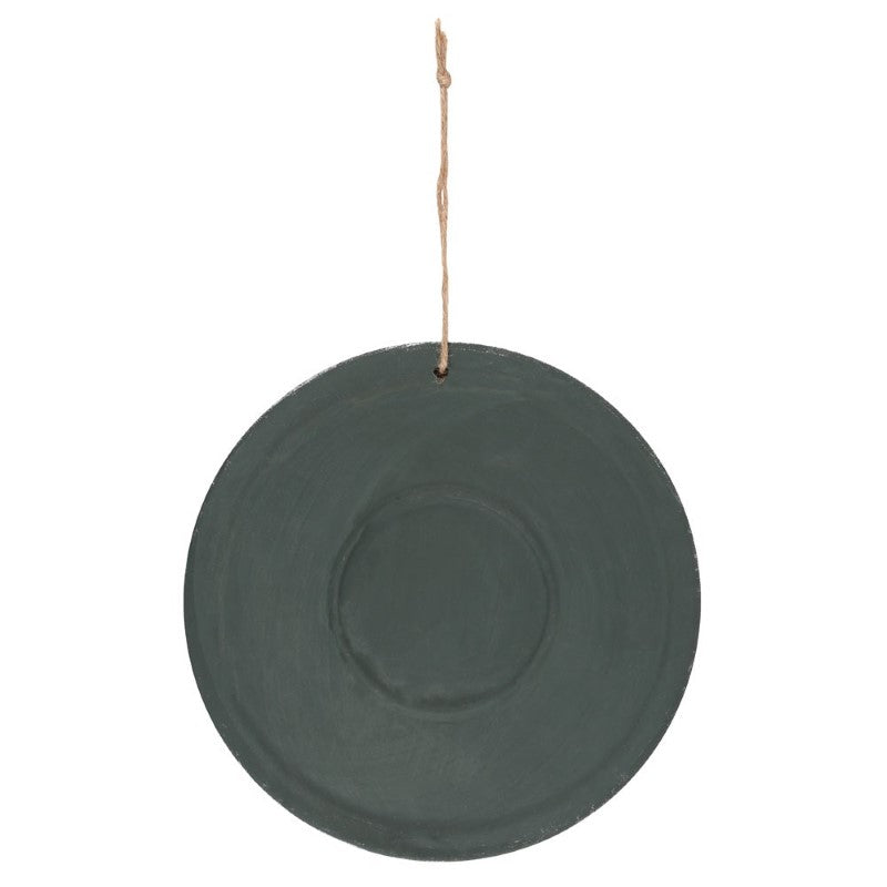 Circular terracotta plaque with silver finish by Lisa Parker, measuring 20cm, ideal for elegant wall decor and display.