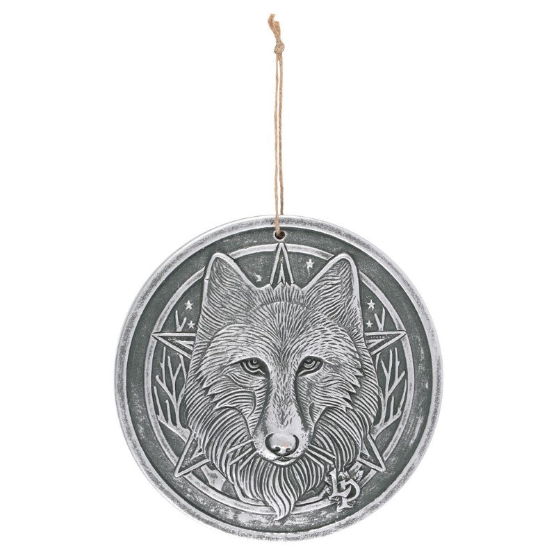 Wild One Silver Terracotta Plaque featuring a wolf design by Lisa Parker, perfect for indoor or outdoor decor.