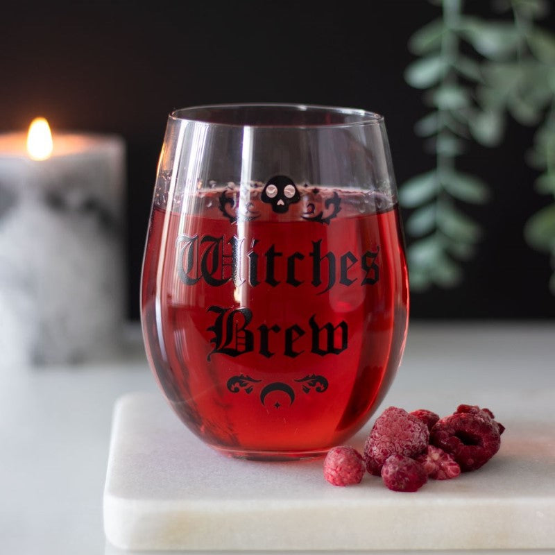 Witches Brew Stemless Wine Glass featuring gothic 'Witches Brew' text, perfect for wine or potions, with a 500ml capacity.