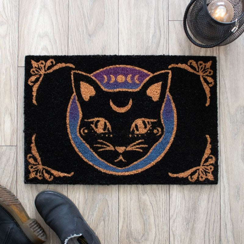 Mystic Mog Black Doormat featuring a mystical black cat design, perfect for adding charm to indoor or sheltered entryways.