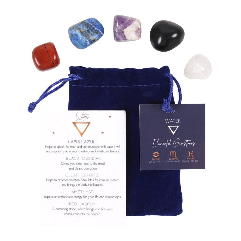 Water Element Zodiac Tumble Stone Set featuring Lapis Lazuli, Black Obsidian, Clear Quartz, Amethyst, and Red Jasper in a velvet bag.