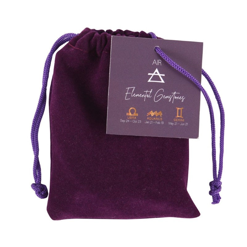 Air Element Zodiac Tumble Stone Set featuring Lapis Lazuli, Amethyst, Labradorite, Fluorite, and Tiger Eye in a velvet bag.