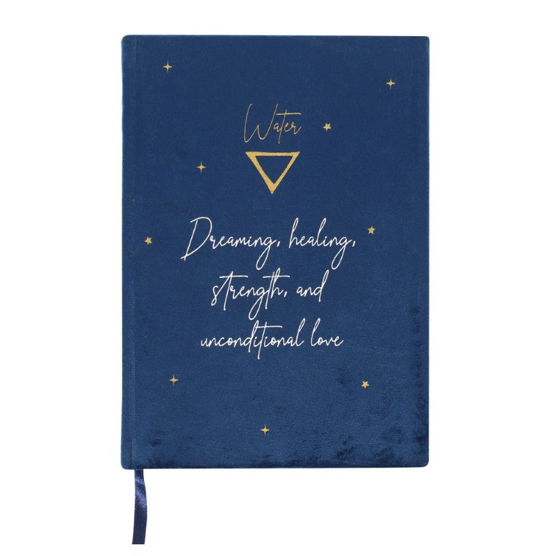 Luxurious blue velvet notebook featuring water zodiac traits, inspiring phrases, and a celestial starry sky design.