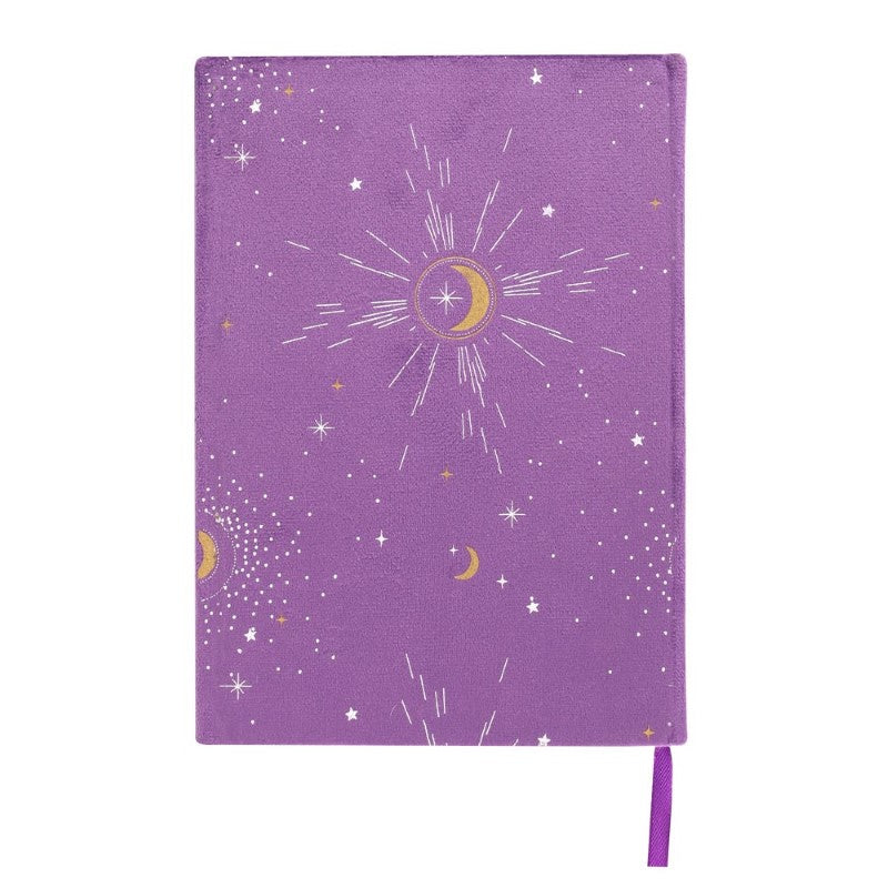 Luxurious purple velvet notebook featuring air element traits, zodiac signs, and starry sky design for creative inspiration.
