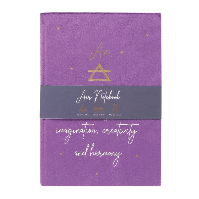 Lavish purple velvet notebook with air element traits, featuring motivational text and a starry sky design, perfect for journaling.