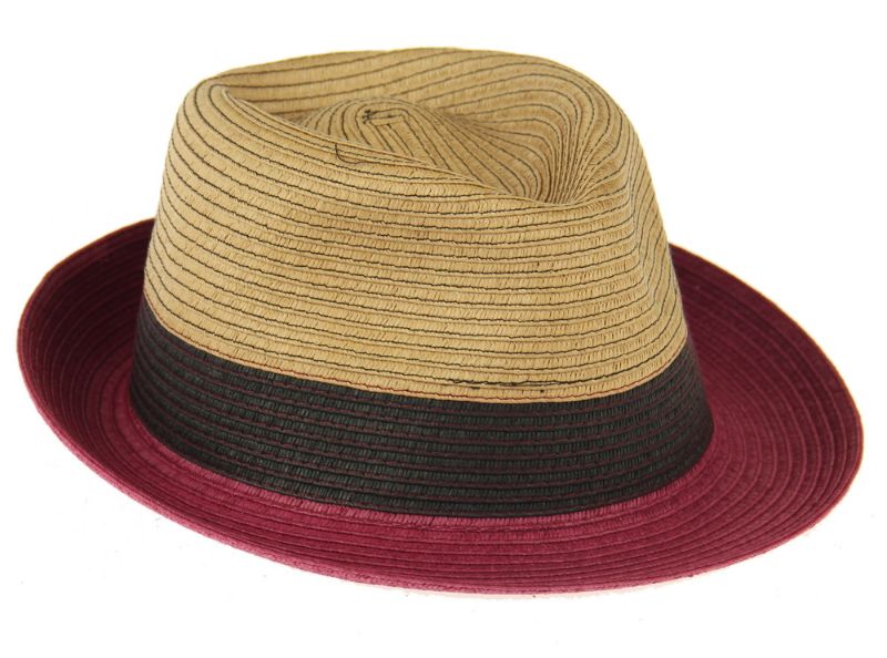 Unisex wine colour block trilby hat with braided design, adjustable drawstring, and UPF50+ sun protection.