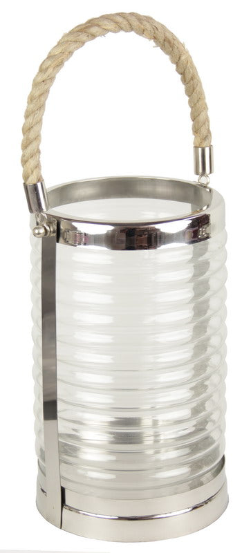 Large stainless steel lantern with glass panels and jute handles, perfect for indoor and outdoor decor.