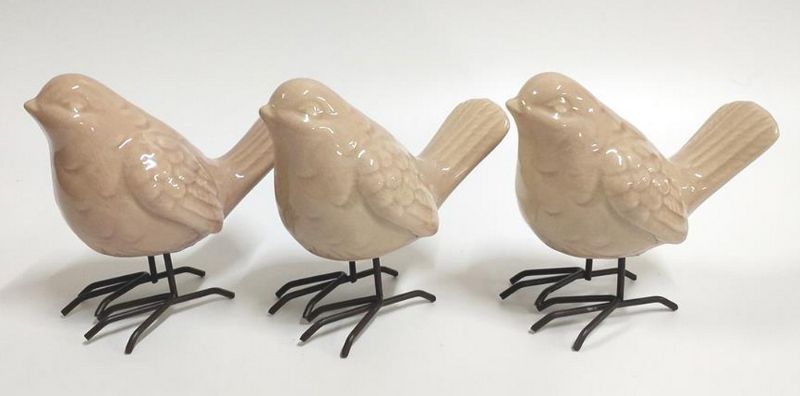 Set of 3 pink bird ornaments with crackle finish, perfect for elegant home decor and seasonal displays.