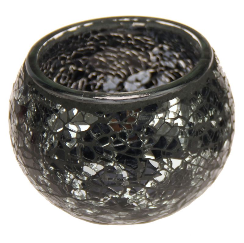 Elegant black mosaic glass bowl, 8cm high and 10cm wide, perfect for decor, snacks, or as a statement piece.