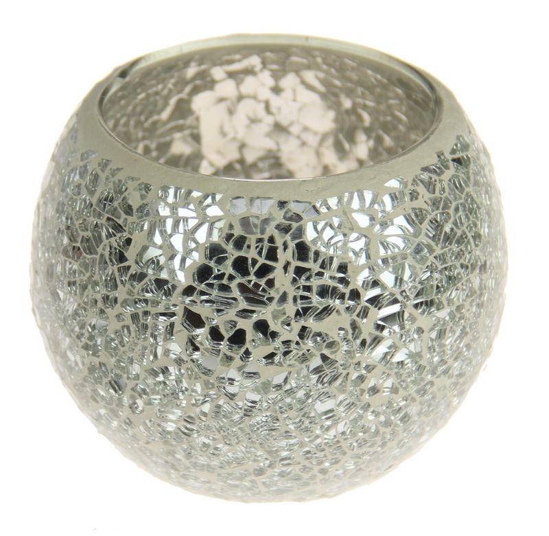 Elegant silver mosaic glass bowl, 10cm high and 12cm wide, ideal for decor or snacks, reflecting light beautifully.