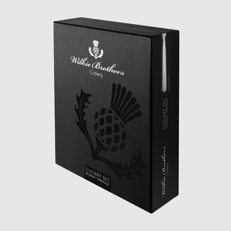 Elegant 24-piece Wilkie Edinburgh cutlery set in mirror-polished 18/10 stainless steel, perfect for dining occasions.