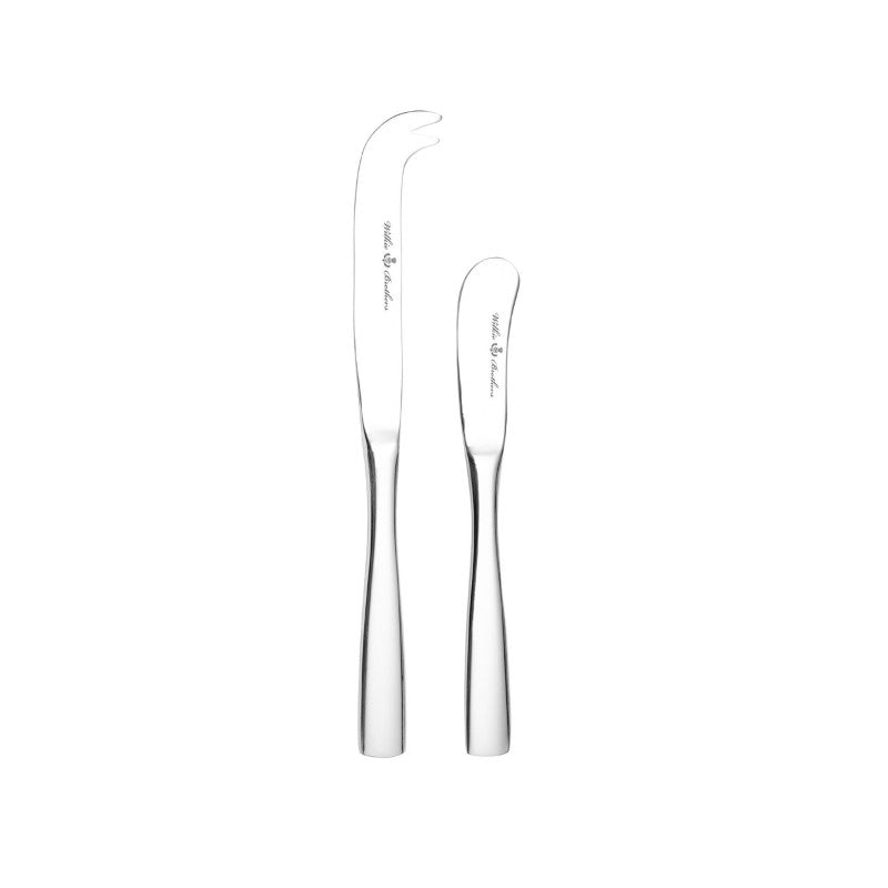 Elegant Wilkie Hartford 18/10 cheese set with knife and pate spreader, featuring durable stainless steel and mirror polish finish.