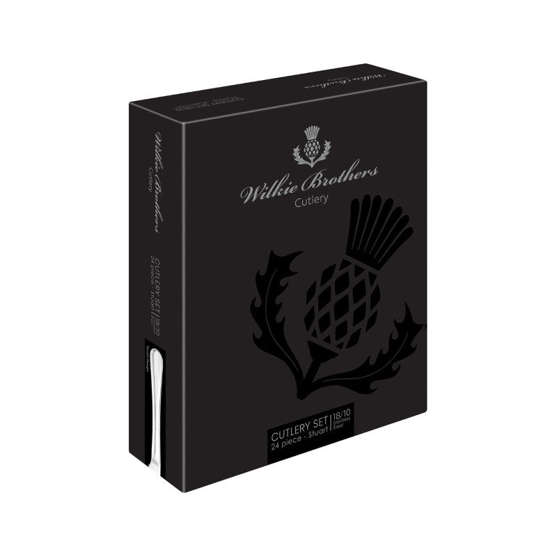 Wilkie Stuart 24pc cutlery set for six, featuring modern stainless steel forks, knives, and spoons for elegant dining.