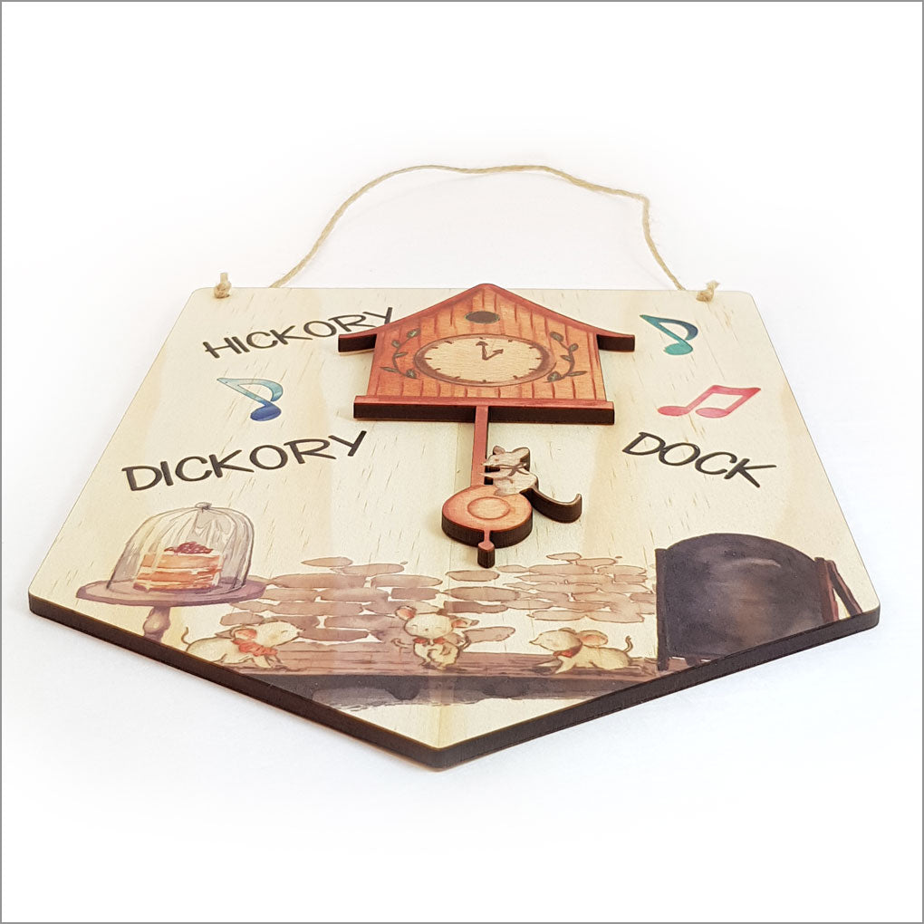 Whimsical pine flag featuring Hickory Dickory Dock nursery rhyme character, ideal for children's rooms and playful decor.
