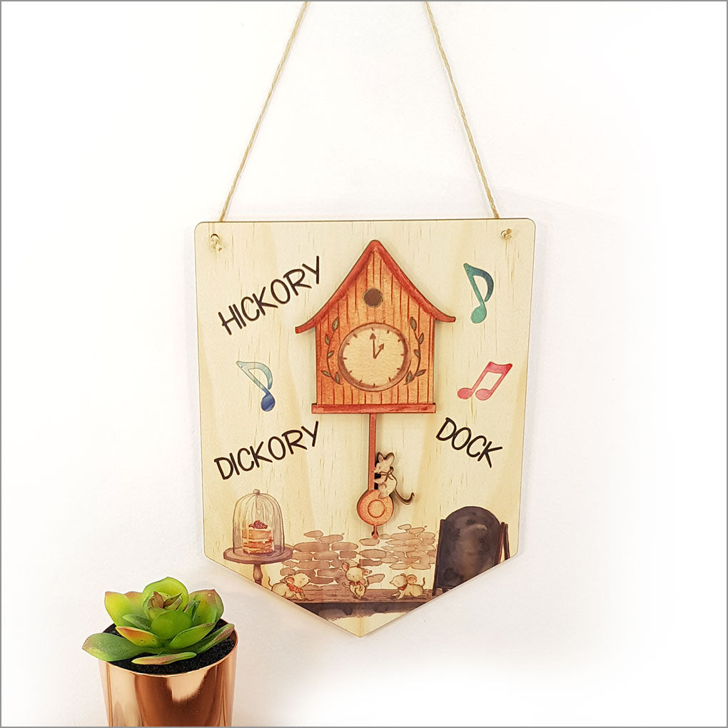 Charming printed pine flag of Hickory Dickory Dock, eco-friendly, lightweight, perfect for children's decor or gifts.