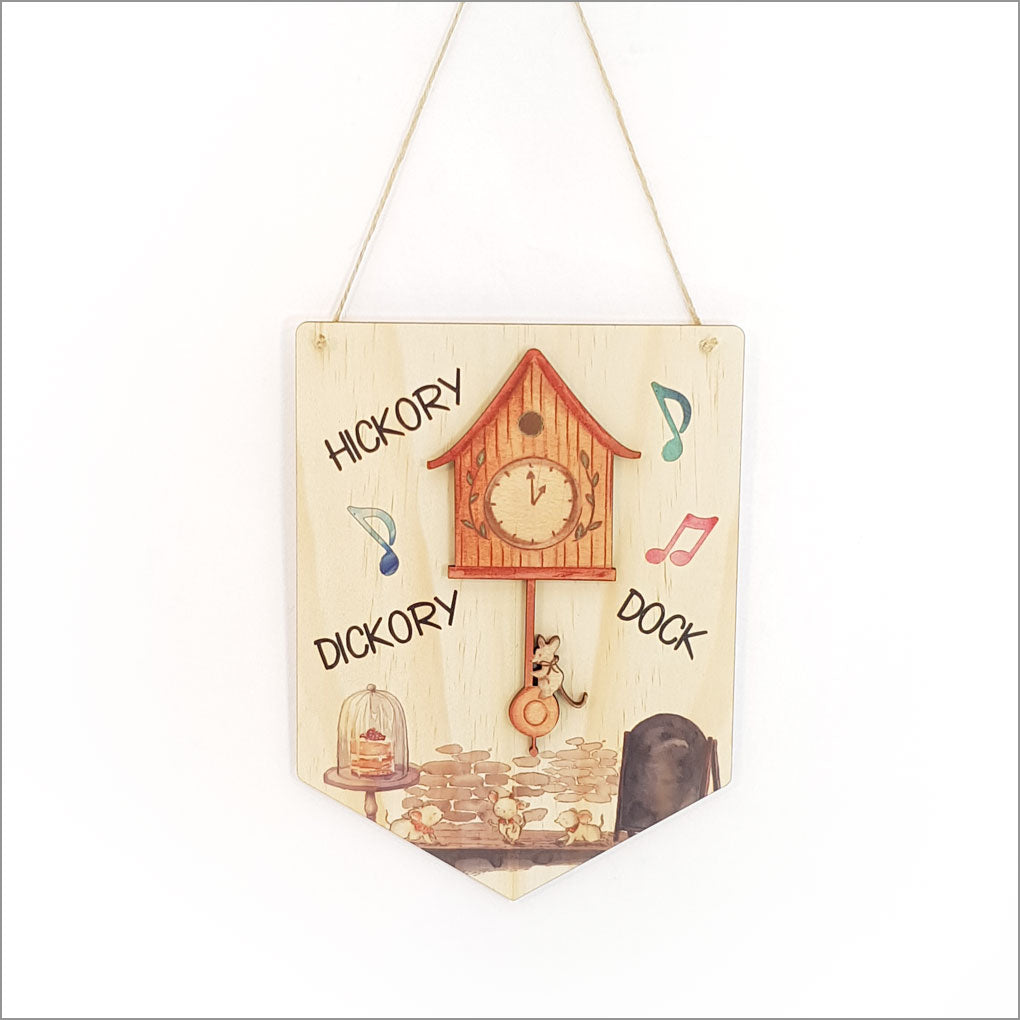 Whimsical pine flag art featuring Hickory Dickory Dock, perfect for kids' spaces and eco-friendly decor.