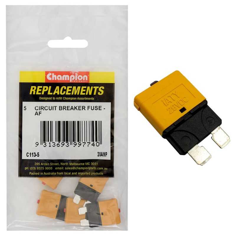 Set of 5 Champion AF 20Amp circuit breaker blade fuses for reliable overcurrent protection in automotive applications.