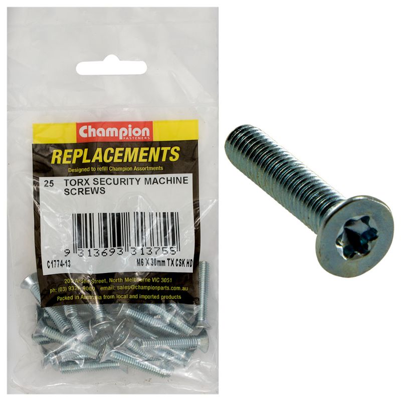 Pack of 25 Champion M6 x 30mm machine screws with countersunk head and Torx drive for reliable fastening in various applications.