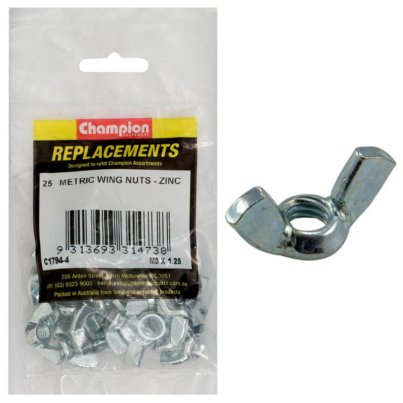 Pack of 25 Champion M8 x 1.25 wing nuts designed for easy hand tightening and versatile fastening in various materials.