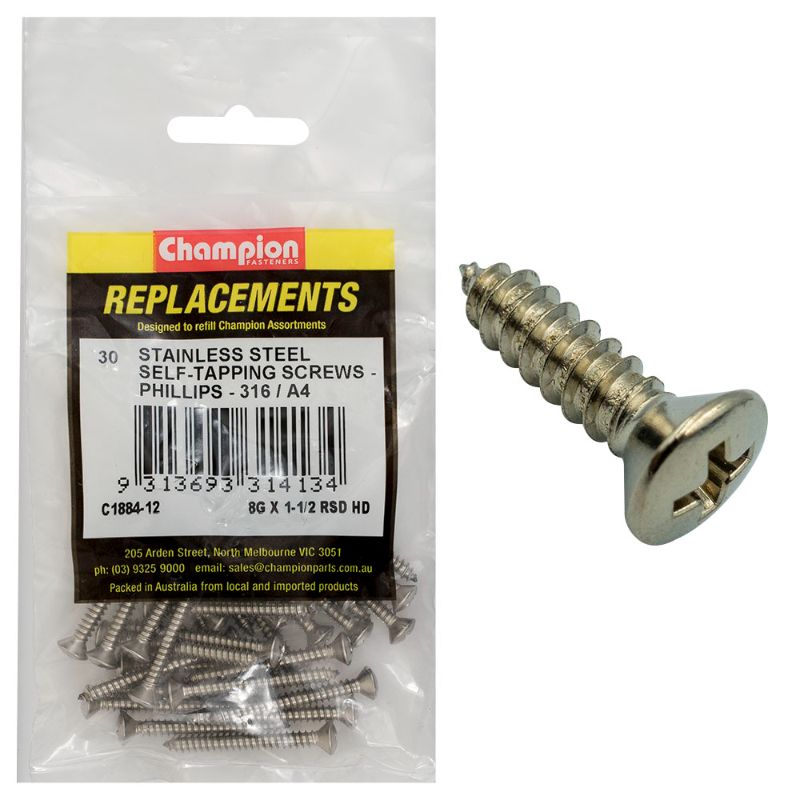 Champion 8G x 1-1/2in self-tapping screws, 316/A4 stainless steel, 30-pack, robust Rsd drive for easy installation.