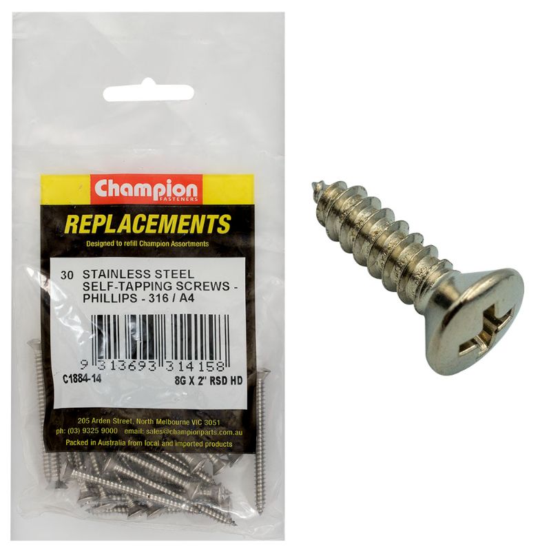 Champion 8G x 2in self-tapping screws, 316/A4 stainless steel, rust-resistant, 30-pack for reliable outdoor and marine use.