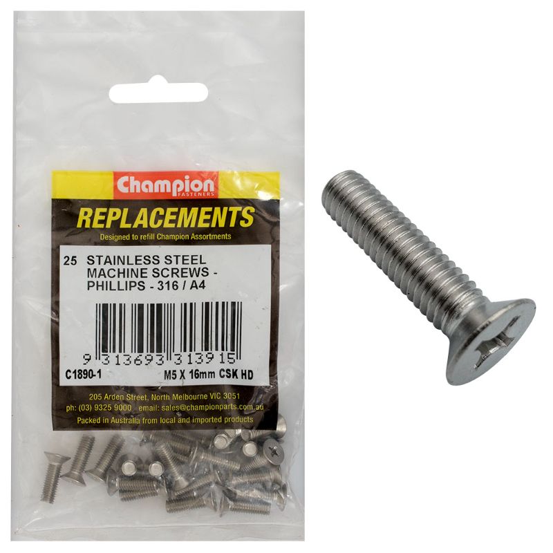 Champion M5 x 16mm stainless steel machine screws, 25-pack, with countersunk heads for flush finishes and enhanced durability.