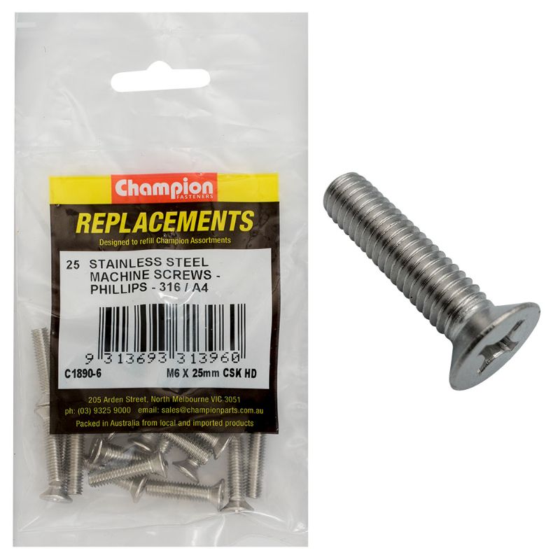 Pack of 25 Champion M6 x 25mm machine screws with countersunk design and Phillips head, made from durable 316 stainless steel.