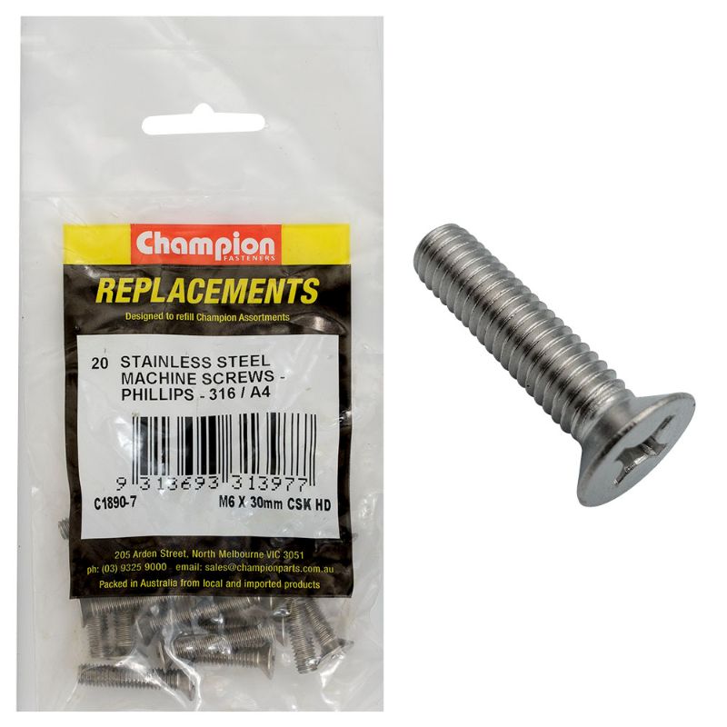Pack of 20 Champion M6 x 30mm machine screws, 316/A4 stainless steel, countersunk head, ideal for marine and outdoor use.