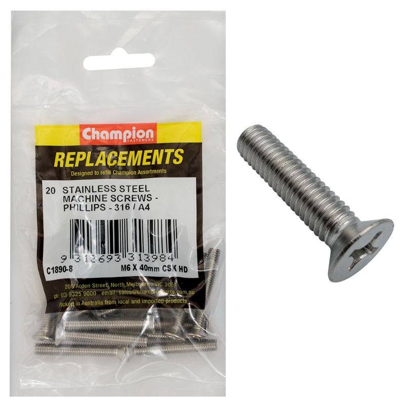 Champion M6 x 40mm stainless steel machine screws, countersunk design, 20-pack for various indoor and outdoor projects.