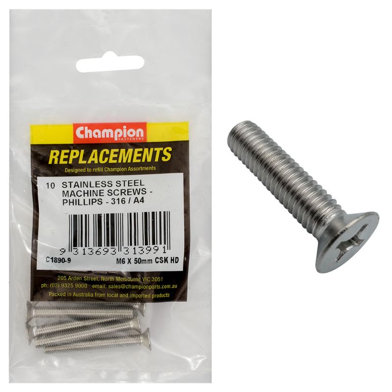 Champion M6 x 50mm machine screws in a 10-pack, featuring countersunk heads and Phillips drives for durable, flush installations.