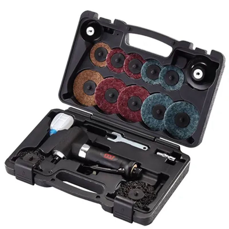 M7 18 Piece Polisher Kit featuring 2in/3in air mini polisher, various backing pads, and polishing discs for automotive and wood surfaces.