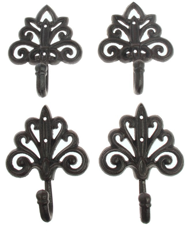 Fleur de Lys Iron Hooks Set of 4, elegant design for coats and decor, perfect for any stylish home.