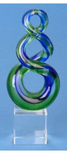 Glass Double Twist Ornament in blue and green hues, symbolizing life's paths and love, packaged in a satin-lined gift box.