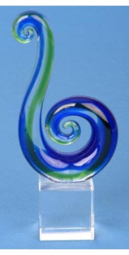 Hand-blown Glass Koru Tail Ornament, symbolizing growth, with a unique curled design, elegantly packaged for gifting.