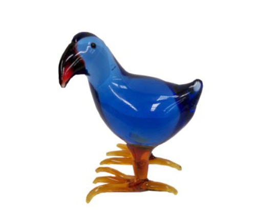 Colorful hand-blown glass Pukeko ornament, 70mm tall, in a satin-lined gift box, showcasing New Zealand's unique culture.