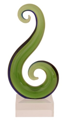 Handcrafted glass Koru hook ornament, symbolizing new beginnings, in a luxurious gift box, ideal for Kiwiana gifts and decor.