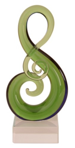 Handcrafted glass Koru music note ornament, symbolizing growth, in a black gift box, perfect for Kiwiana decor.